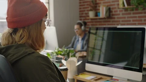 Portrait caucasian woman programmer coding network security software for startup Stock Footage 96903481