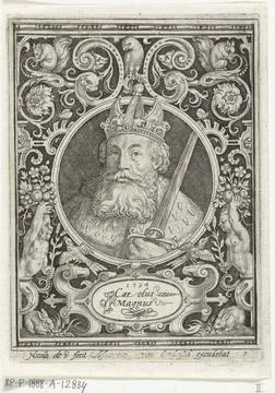 Portrait of Charlemagne in medallion inside rectangular picture frame with... Stock Photos