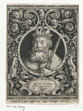 Portrait of Charlemagne in medallion inside rectangular picture frame with... Stock Photos