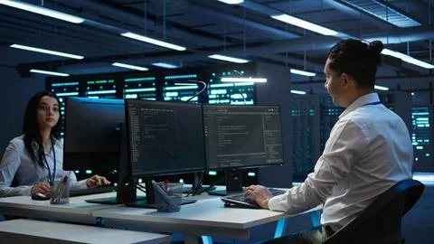 Portrait of cheerful engineer in data center installing software on computer 写真素材
