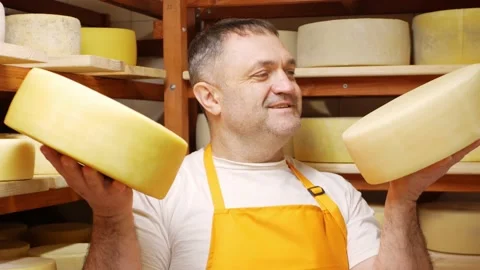 Portrait of cheesemaker in cellar, basement. Home cheese production, business Stock-Footage 164668412
