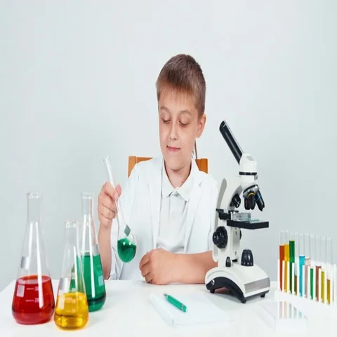 Portrait chemist conducting experiments  Schoolboy holding chemical flask Stock Footage 69502966