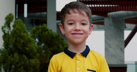 Portrait child smiles at camera. Face boy dream. Happy child in street. Happy Stock Footage 239029628
