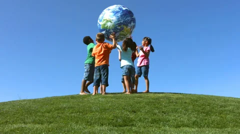 Portrait of children of various ethnicities on a hilltop Stock Footage
