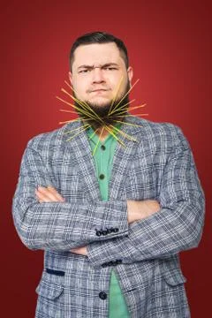 Portrait of chubby guy with noodles in beard Stock Photos