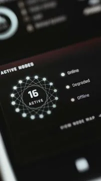 Portrait circular status interface displays 16 active nodes Stock Photos