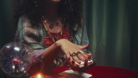 Portrait of Clairvoyant Preparing to Make Tarot Cards Layout Stock Footage 253179296