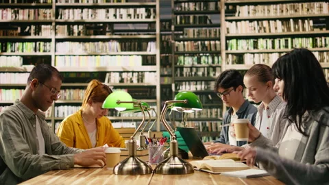 Portrait of classmates in study group sitting at library table with textbooks Stock Footage 336358186
