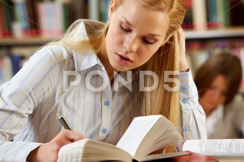 Portrait of clever student reading book in college library Stock Photos