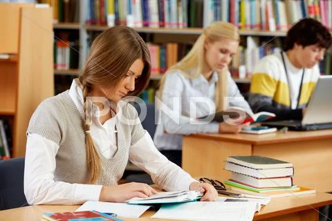 Portrait of clever students preparing lessons in college library Stock Photos