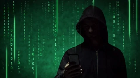 Portrait of computer hacker in hoodie. Obscured dark face. Data thief, internet Stock Footage 165497915