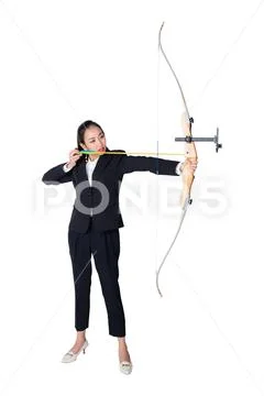 Portrait of concentrated female with crossbow in hands over white background Stock Photos
