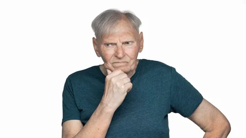 Portrait of concentrated old aged man 80s having gray hair in basic t-shirt 스톡 동영상 90656229