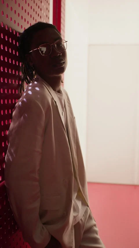 Portrait of Confident Young Black Man Leaning against Wall in Studio Stock Footage 337405632