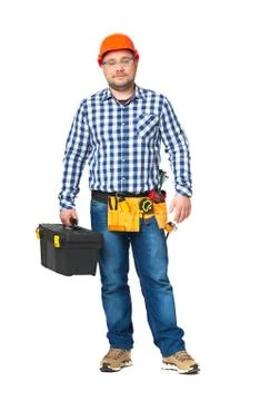 Portrait of construction builder isolated on white. Foto stock