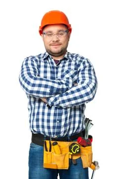 Portrait of construction builder isolated on white. Stock Photos