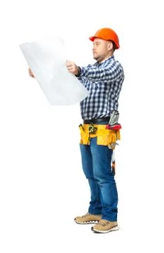 Portrait of construction builder isolated on white. Stock-Fotos