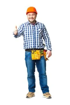 Portrait of construction builder isolated on white. Stock Photos