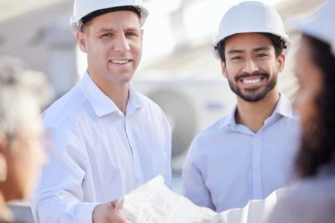 Portrait, construction site or engineering people with blueprint for development Stock Photos