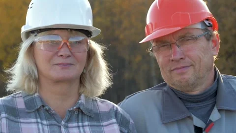 Portrait construction workers couple posing Video stock 315406493