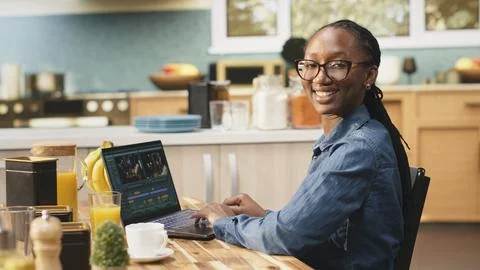 Portrait of content creator editing with color grading for video montage Stock Photos