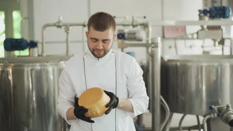 Portrait of a craft cheese worker. A cheesemaker inspects the cheese and looks Vídeo Stock 175324491