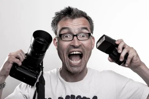 Portrait of a crazy photographer Stock-Fotos