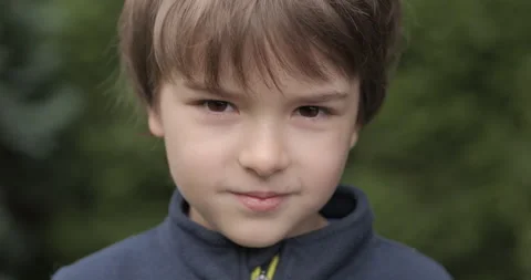 Portrait Cunning Smiling Boy Looking at Camera. Laughs Happily Child at Out.. Stock Footage 305604451