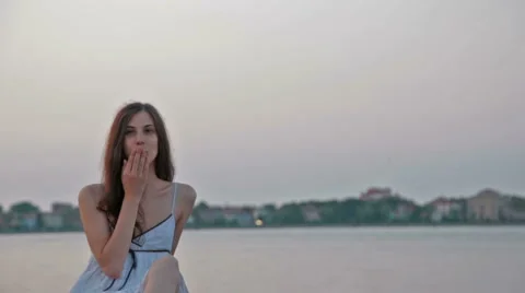 Portrait of cute nice young beautiful pretty caucasian girl in white sundress Stock Footage 68770076