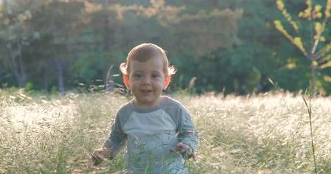 Portrait of a cute one year old boy in spring park at sunset Stock Footage 108975165