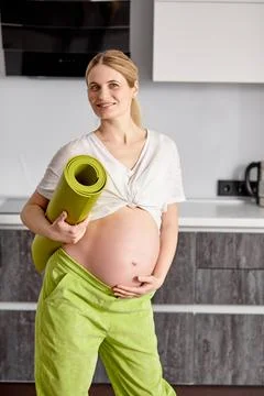 Portrait Of Cute Pregnant Female Stroking Touching Belly, Mom-to-be Expecting Stock Photos