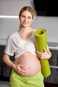 Portrait Of Cute Pregnant Female Stroking Touching Belly, Mom-to-be Expecting Stock Photos
