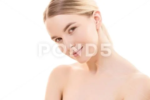 The portrait of the cute woman on the white background Stock Photos