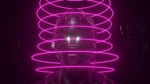 Portrait of a cyborg with neon rings on a technological background. 3d animation Stock Footage 143958657