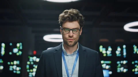 Portrait data center engineer posing at database. Serious man looking camera Stock Footage 260246167