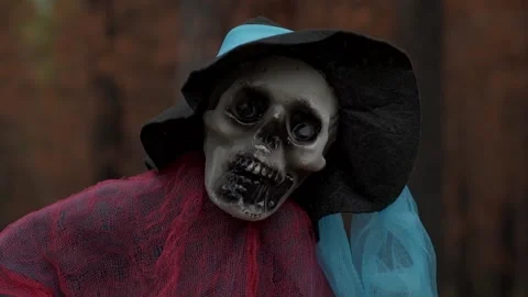 Portrait of decorative skeleton, ghost in rags and hat in autumn forest. closeup Stock Footage 211228933