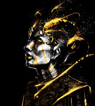 A portrait of a demoness with a gold pattern on her face and a pair of Golden Illustration