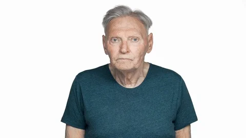 Portrait of determined and strict old aged man 80s having gray hair in basic t Stock Footage 90656095