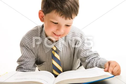 Portrait of diligent schoolboy in casual clothing reading the book Stock Photos