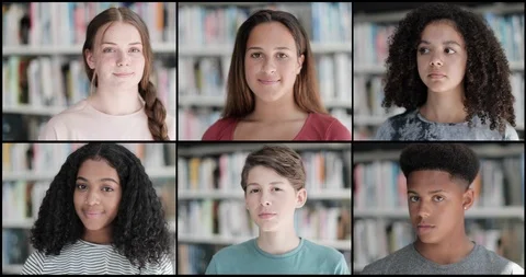 Portrait of divers group high school teenage students in library Stock Footage 117414409