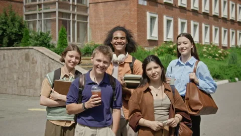 Portrait of Diverse Group of College Students Smiling on Campus Stock Footage 342120640