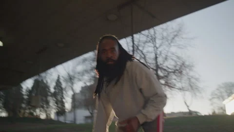 Portrait of Diverse Man with Dreadlocks Playing Basketball Game on Outdoor Court Stock Footage 270398468