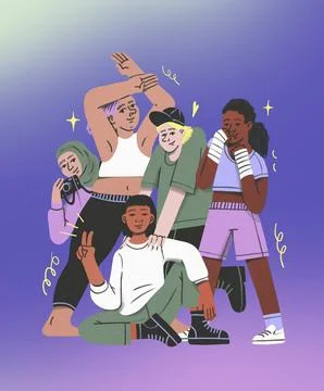 Portrait of diverse young friends gesturing and enjoying hobbies Stock-Illustration