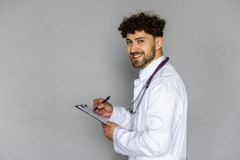Portrait of doc showing blank empty copy space paper document contract insura Stock Photos