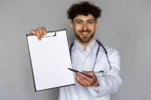 Portrait of doc showing blank empty copy space paper document contract insura Stock Photos