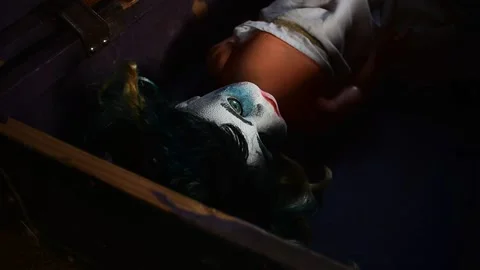 Portrait of a doll with makeup in an old suitcase the lid opens and then closes Stock Footage 148256533