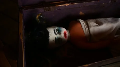 Portrait of a doll with makeup in an old suitcase Stock Footage 148256549