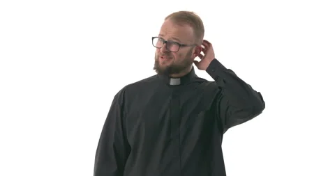 Portrait of doubting priest scratching the back of his head. Expressing Stock Footage 145263141