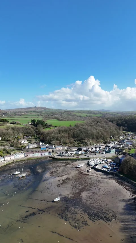 Portrait Drone of Lower Town Fishguard Quay and Boats, Wales UK Vidéo 332075372