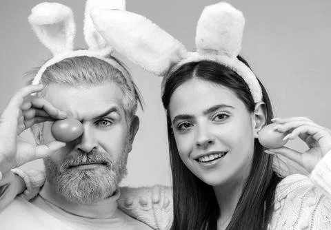 Portrait of Easter family with Easter eggs. Happy Holidays. Family celebrate Stock Photos